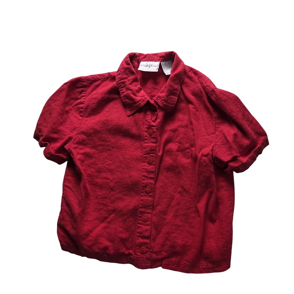Studio Ease Red Linen Rayon Blend Short Sleeve Button Down Cropped Shirt Size 8